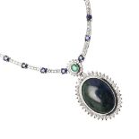 A JORDANITE, SAPPHIRE, EMERALD AND DIAMOND NECKLACE.