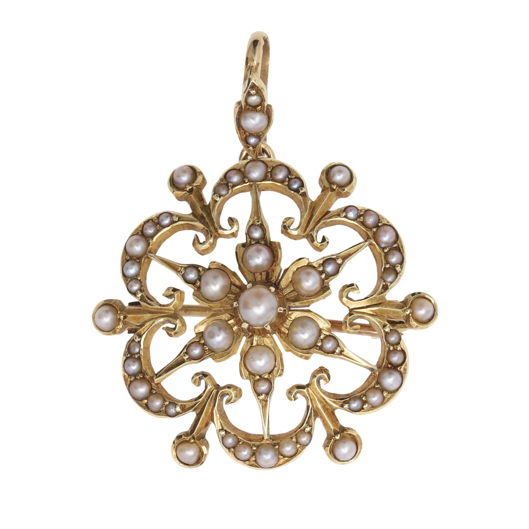 A VICTORIAN PEARL AND 15CT GOLD BROOCH PENDANT.