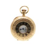 AN 18CT GOLD HALF HUNTING CASED POCKET WATCH BY FRISCH, SCHIEWATER & LLOYD, LIVERPOOL.