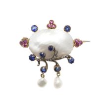 A BLISTER PEARL AND GEM SET BROOCH.