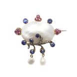 A BLISTER PEARL AND GEM SET BROOCH.