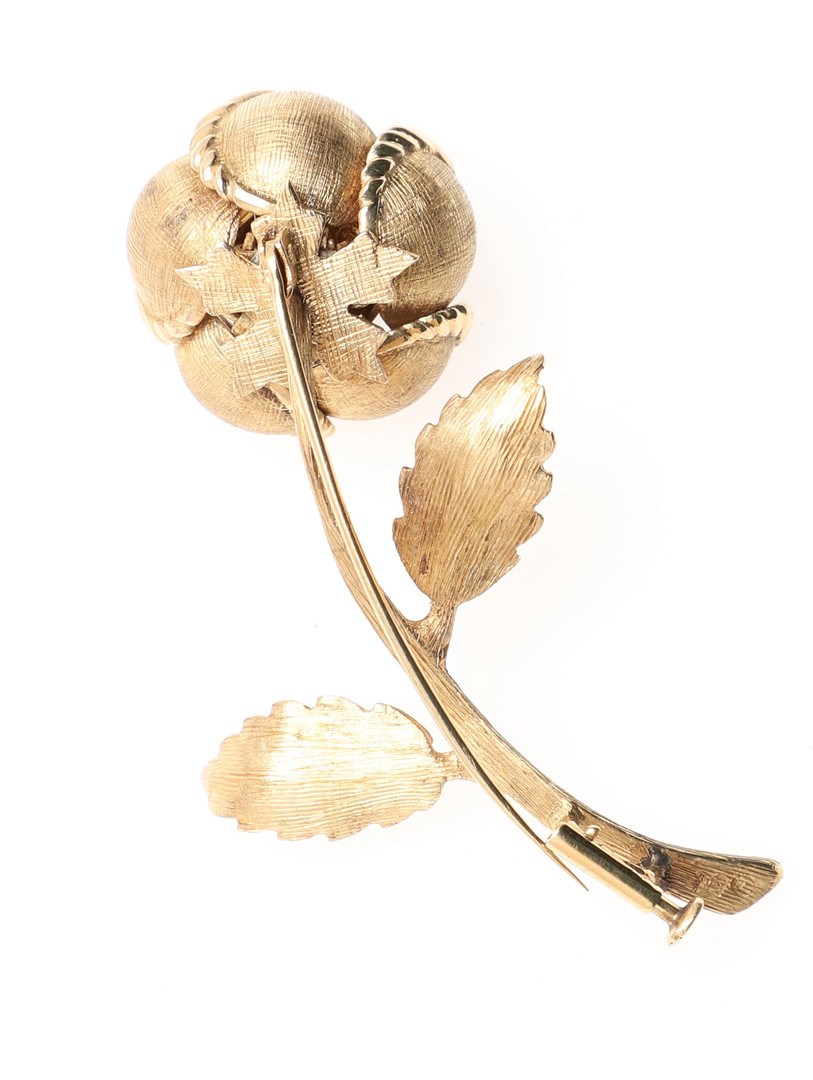 A GOLD, RUBY AND CULTURED PEARL FOLIATE SPRAY BROOCH. - Image 2 of 2