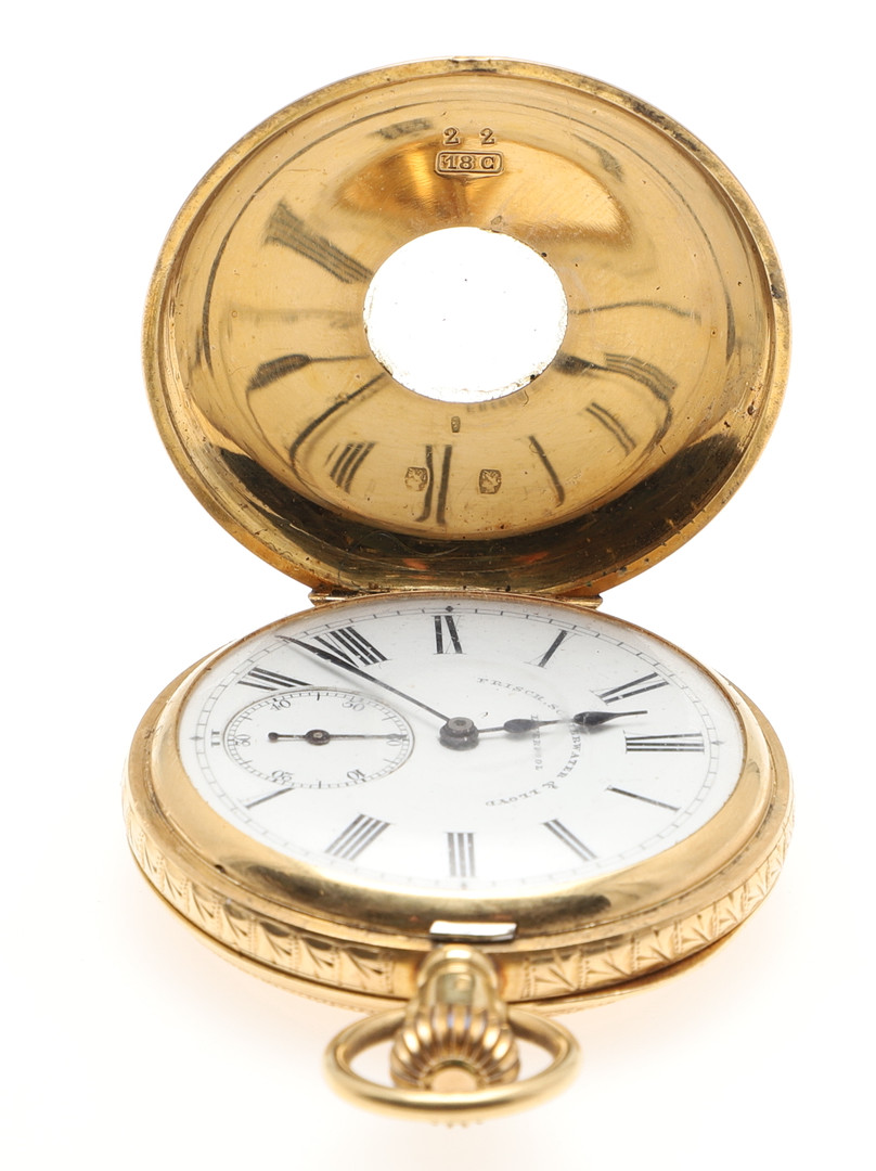 AN 18CT GOLD HALF HUNTING CASED POCKET WATCH BY FRISCH, SCHIEWATER & LLOYD, LIVERPOOL. - Image 3 of 9