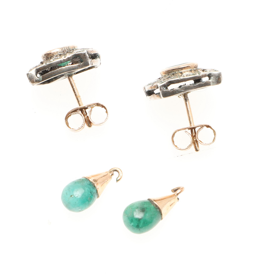 A PAIR OF EMERALD AND DIAMOND STUD EARRINGS. - Image 2 of 3