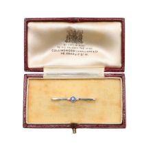 A SAPPHIRE AND PEARL BAR BROOCH.