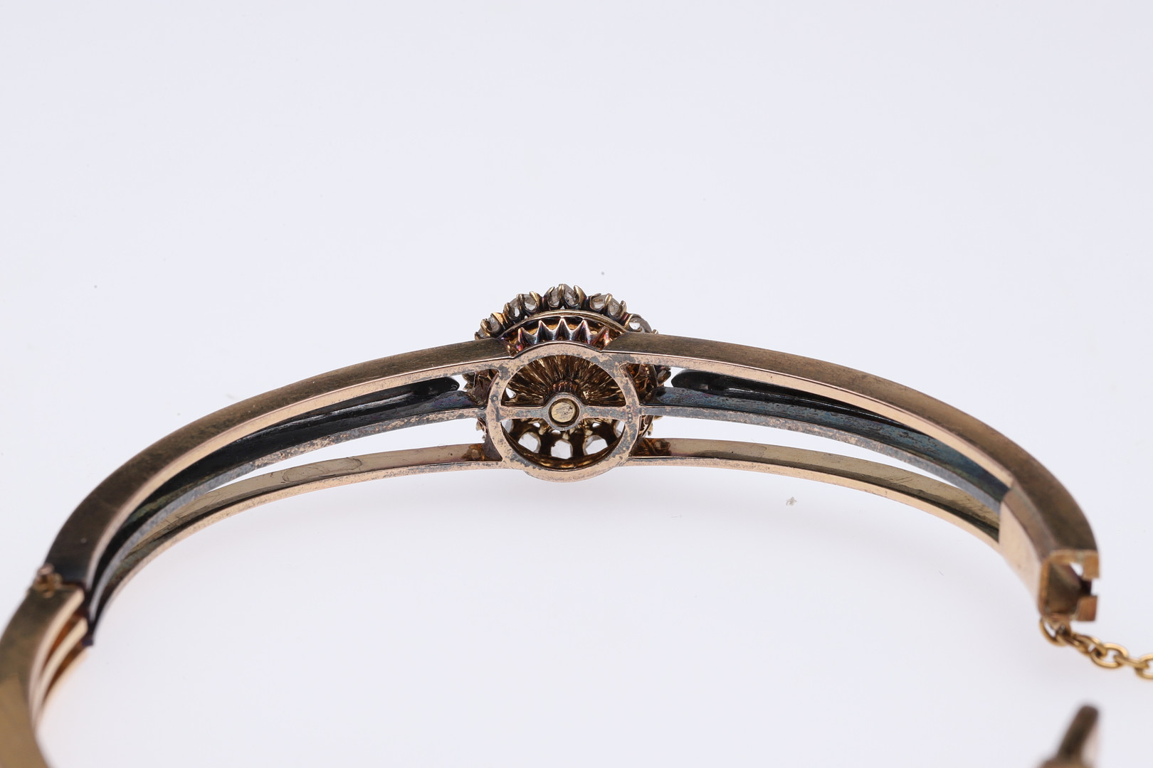 A LATE 19TH CENTURY DIAMOND AND PEARL HALF HINGED BANGLE. - Image 7 of 9