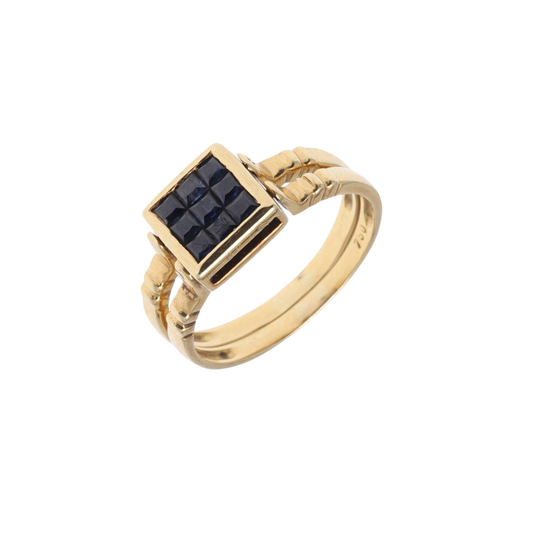 A SAPPHIRE, DIAMOND AND 18CT GOLD SWIVEL RING. - Image 2 of 7