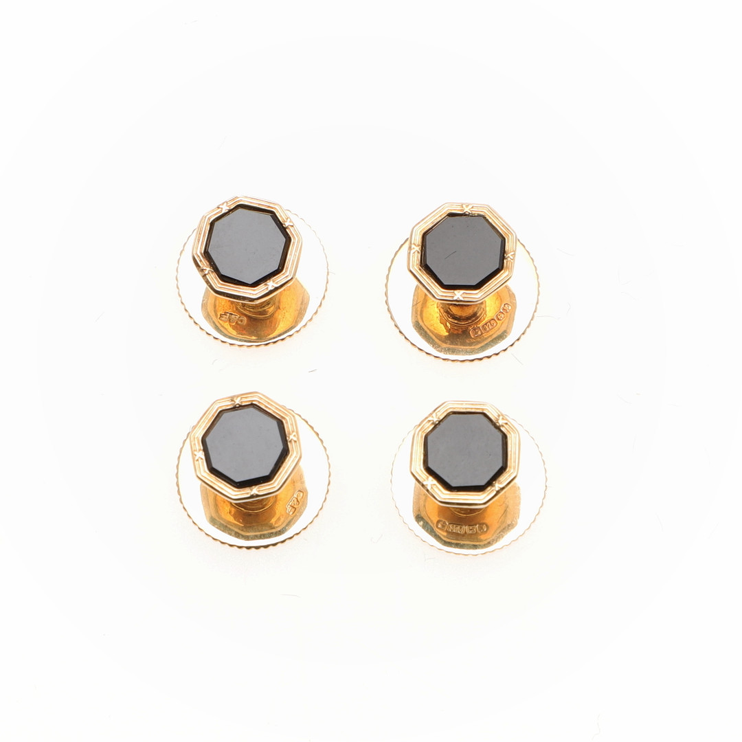 A SET OF FOUR BLACK ONYX AND 9CT GOLD DRESS STUDS BY CROP & FARR. - Image 2 of 4