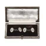 A PAIR OF DIAMOND, MOTHER OF PEARL AND BLACK ENAMEL CUFFLINKS.