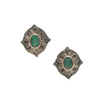 A PAIR OF EMERALD AND DIAMOND STUD EARRINGS.