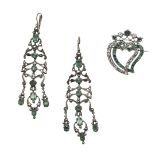 A PAIR OF 19TH CENTURY GREEN PASTE AND MARCASITE DROP EARRINGS.