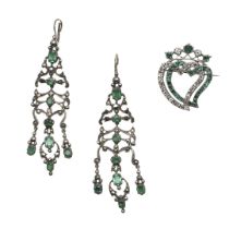 A PAIR OF 19TH CENTURY GREEN PASTE AND MARCASITE DROP EARRINGS.