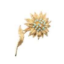 A GOLD, TURQUOISE AND DIAMOND FOLIATE SPRAY BROOCH.