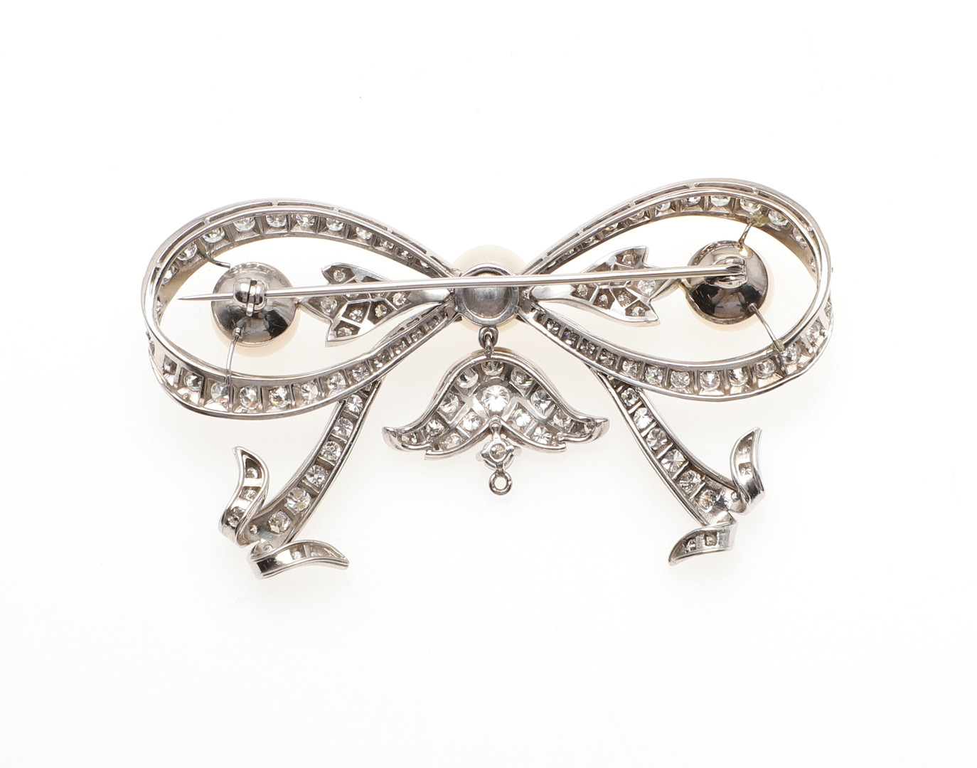 A DIAMOND AND CULTURED PEARL BOW BROOCH. - Image 2 of 2