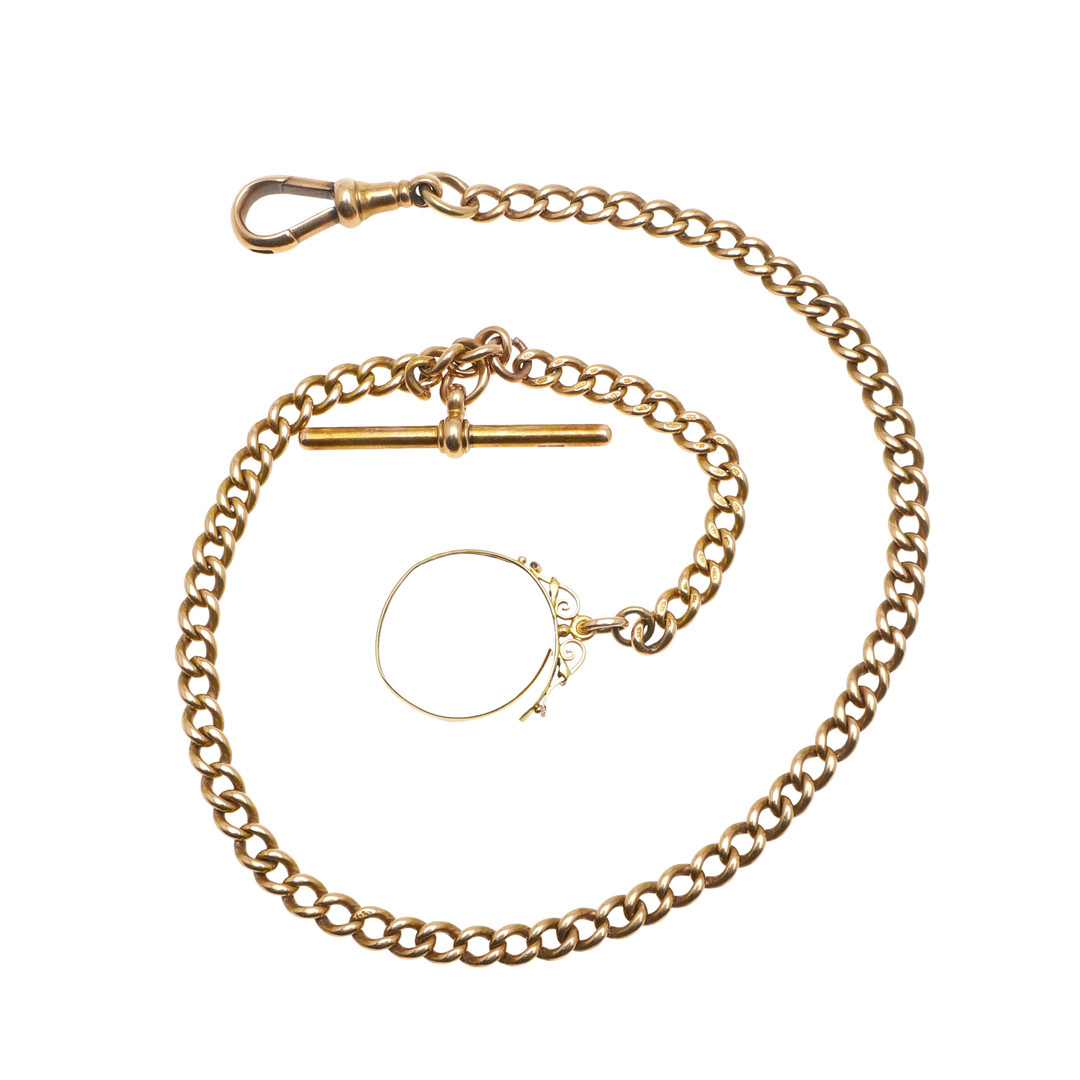 A 15CT GOLD CURB LINK WATCH CHAIN.