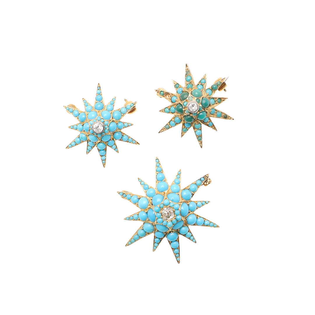 A TURQUOISE, DIAMOND AND GOLD STAR BROOCH.