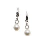 A PAIR OF DIAMOND AND CULTURED PEARL DROP EARRINGS.