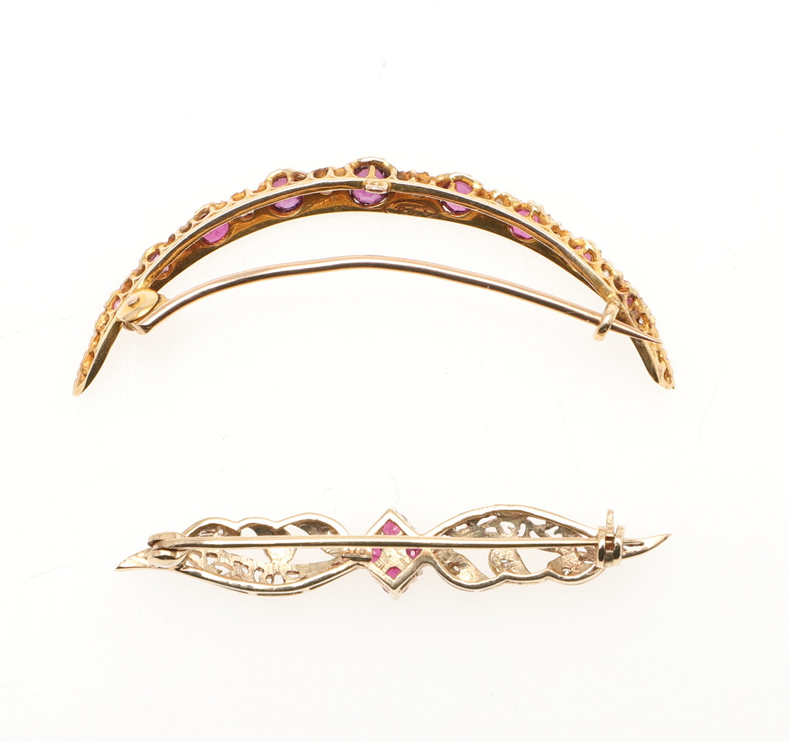 A DIAMOND AND RUBY OPEN CRESCENT BROOCH. - Image 2 of 3