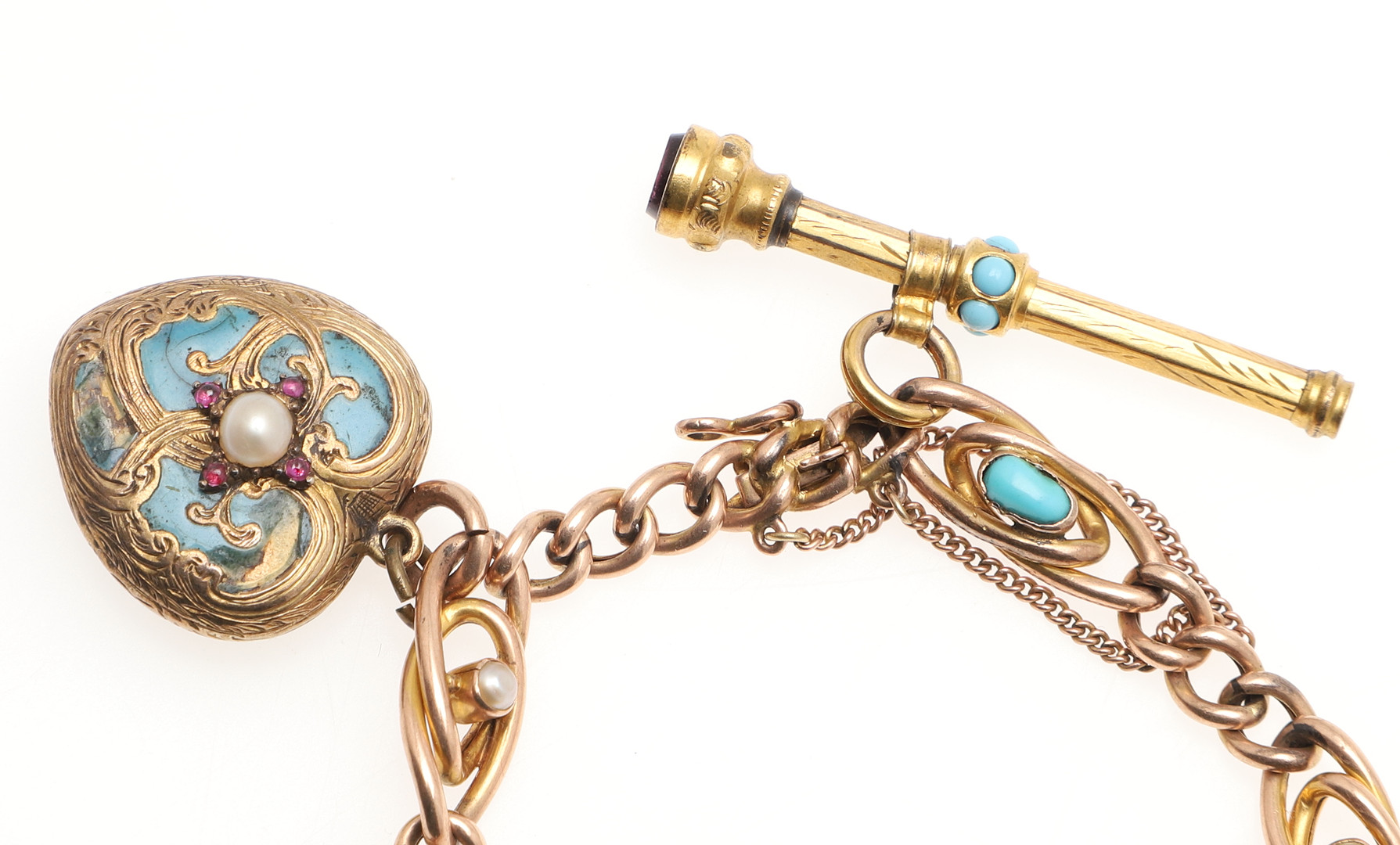 AN EDWARDIAN 9CT GOLD, TURQUOISE AND PEARL SET BRACELET. - Bild 2 aus 4