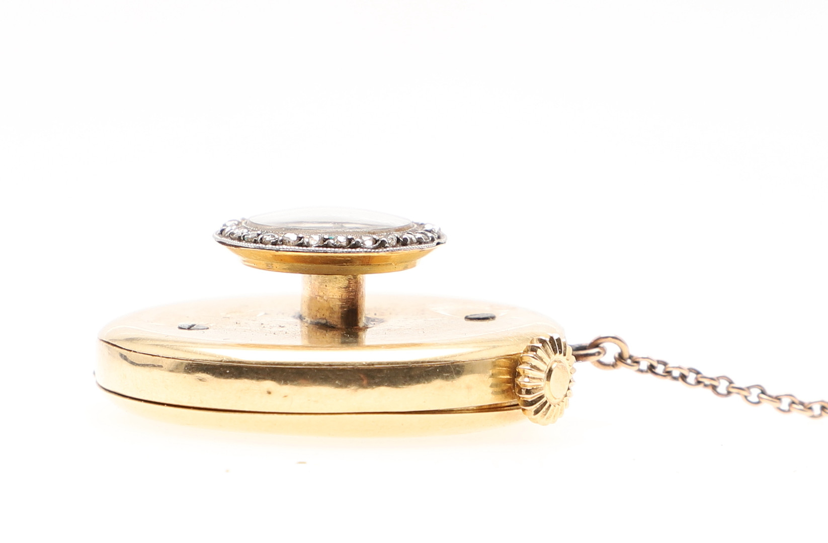 AN 18CT GOLD AND DIAMOND SET BUTTONHOLE WATCH. - Image 6 of 8