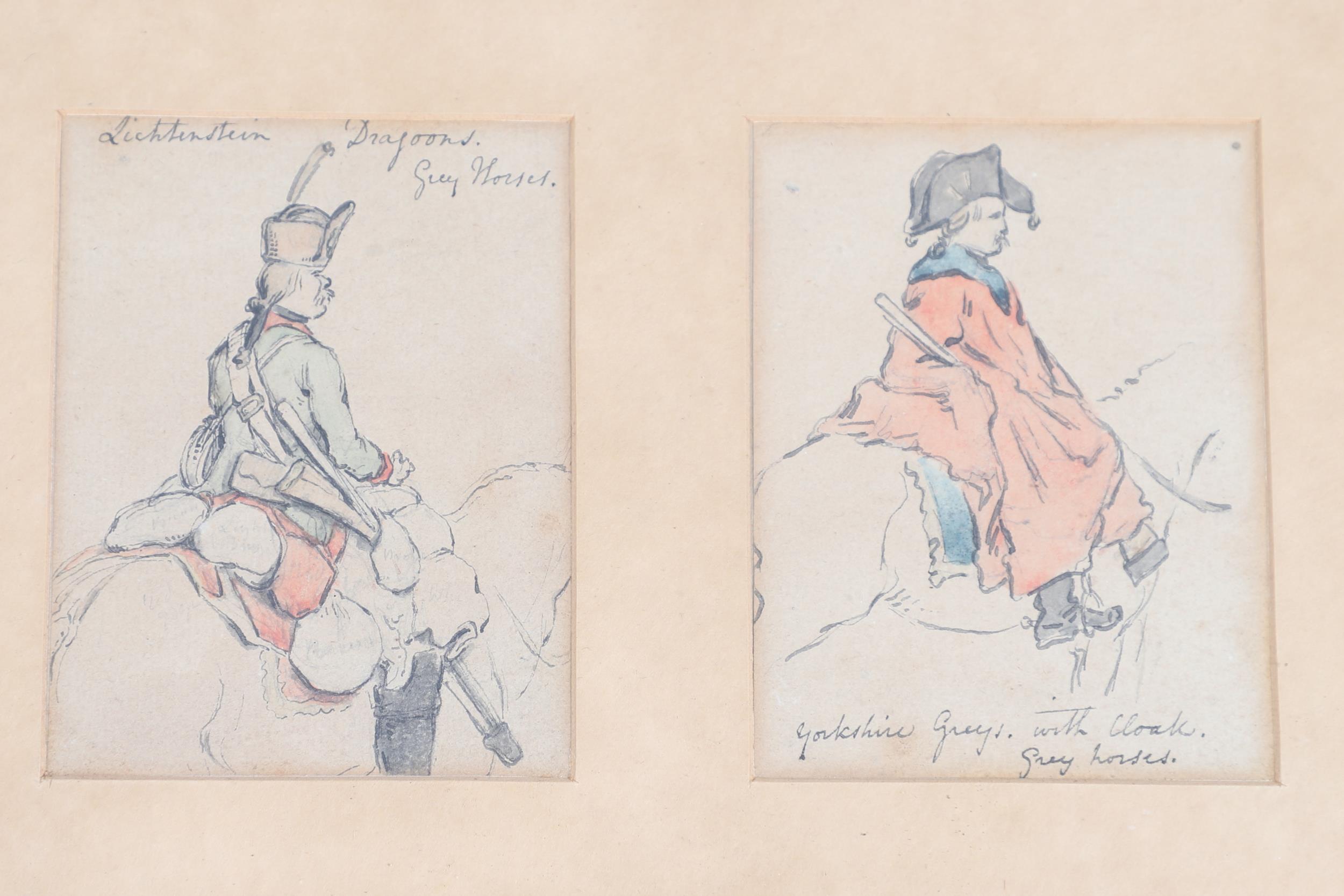 A SET OF FOUR WATERCOLOUR SKETCHES OF MOUNTED CAVALRY IN UNIFORM. - Image 3 of 8