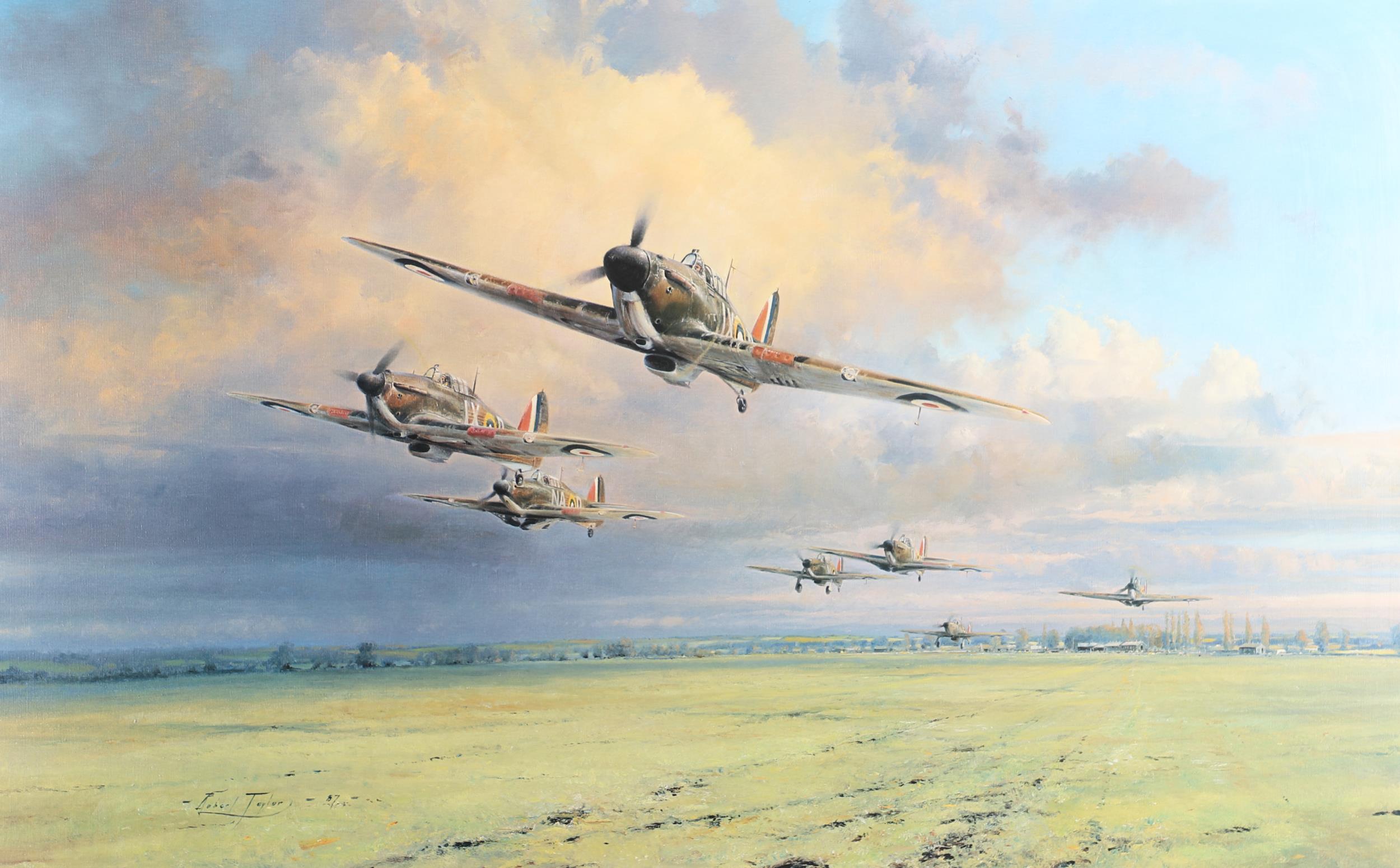HURRICANE SCRAMBLE BY ROBERT TAYLOR, A COLOUR PRINT WITH PILOT'S SIGNATURES IN THE MARGIN. - Image 2 of 9