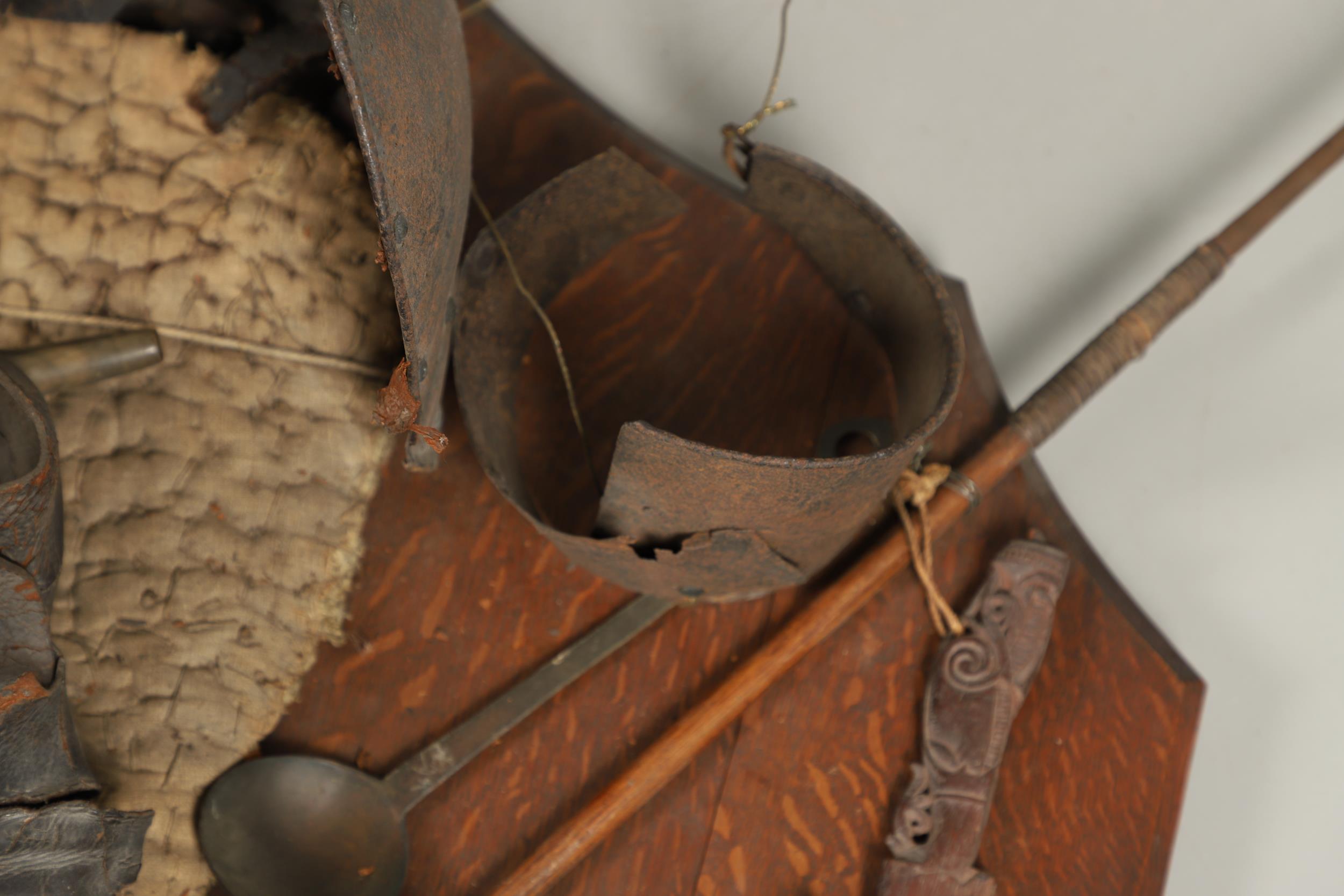 AN UNUSUAL OAK SHIELD MOUNTED WITH MILITARY TROPHIES, CURIOSITIES AND OTHER ITEMS. - Image 3 of 15