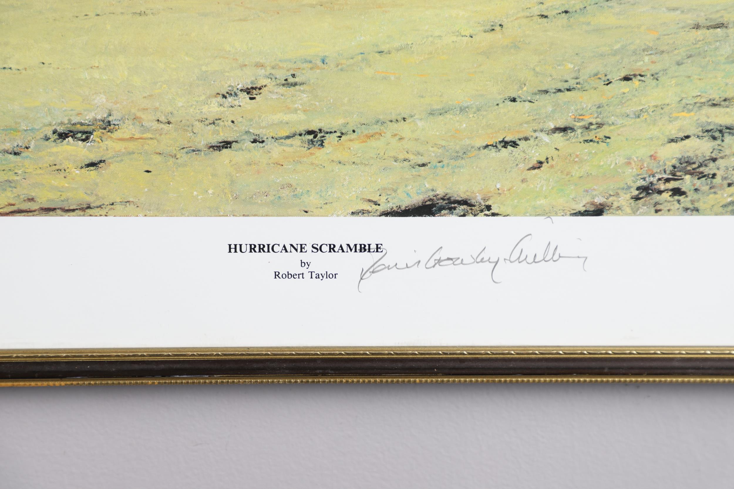 HURRICANE SCRAMBLE BY ROBERT TAYLOR, A COLOUR PRINT WITH PILOT'S SIGNATURES IN THE MARGIN. - Image 6 of 9