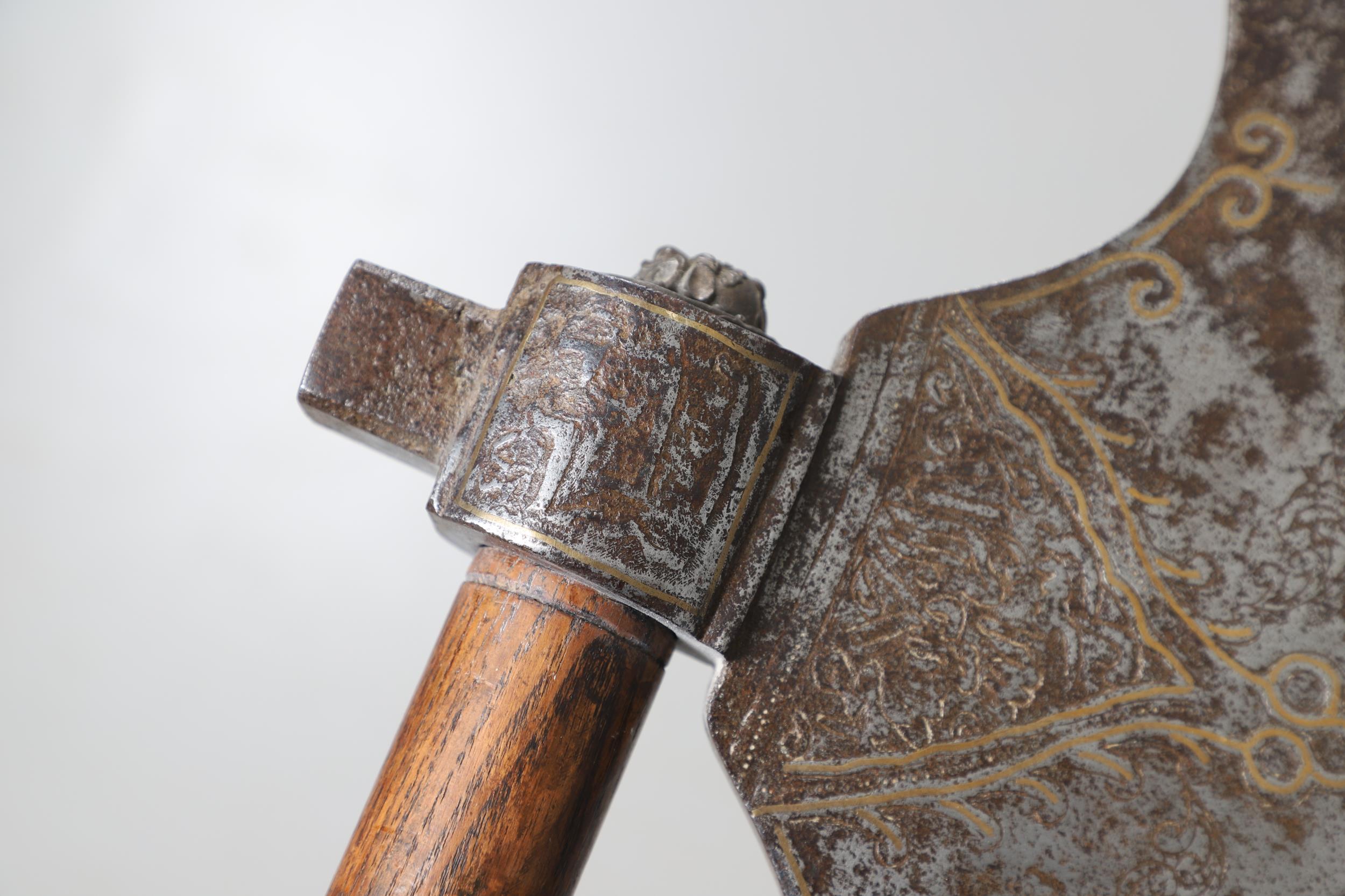 A SUBSTANTIAL PERSIAN OR OTTOMAN TWO HANDLED AXE. - Image 10 of 11