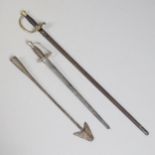 A 19TH CENTURY BELGIAN SMALL SWORD, ANOTHER SIMILAR AND A HARPOON POINT.