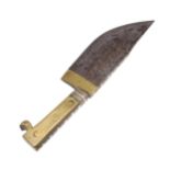 AN UNUSUAL 19TH CENTURY INDIAN KNIFE OR HAND AXE WITH INLAID BRASS DATE AND INITIALS.