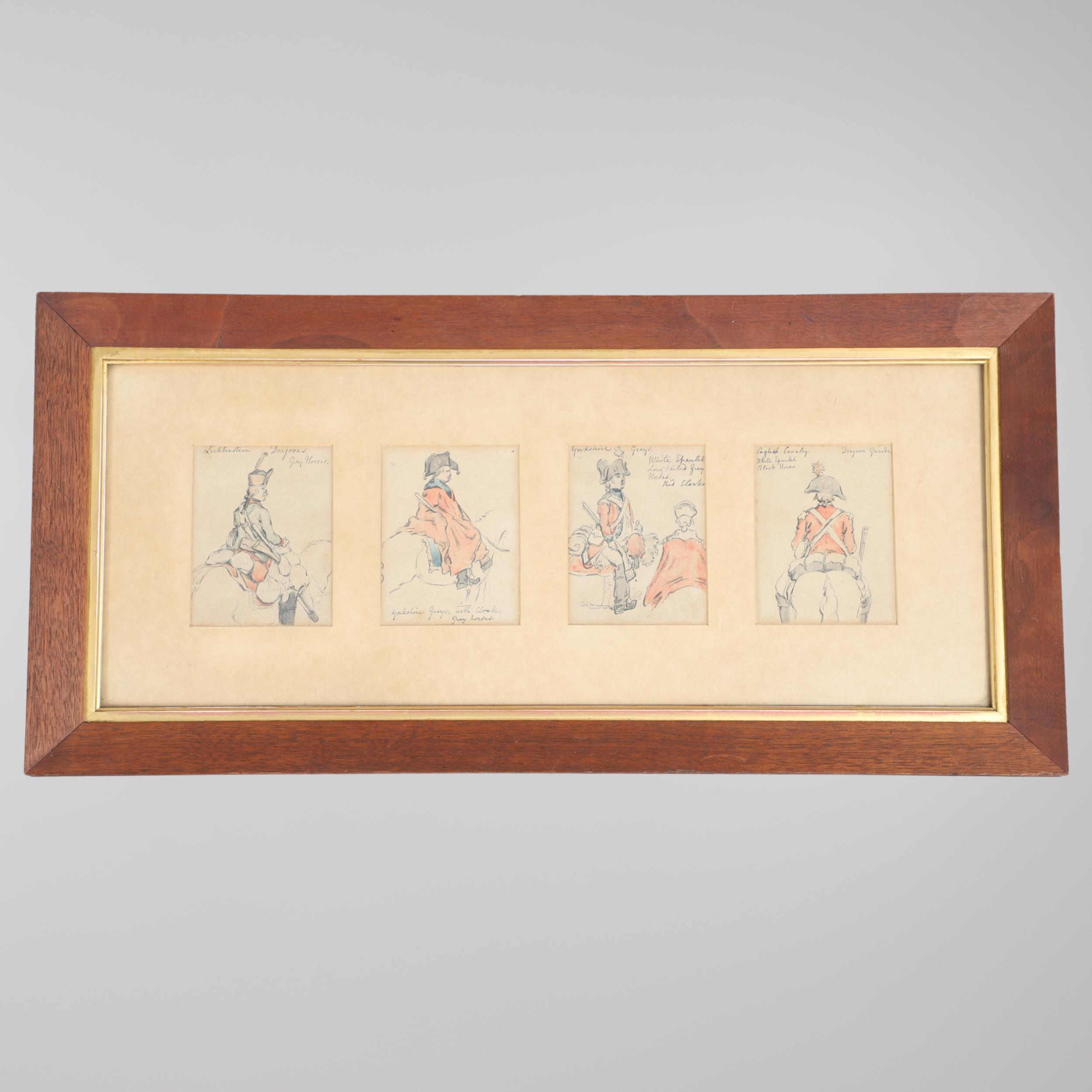 A SET OF FOUR WATERCOLOUR SKETCHES OF MOUNTED CAVALRY IN UNIFORM.
