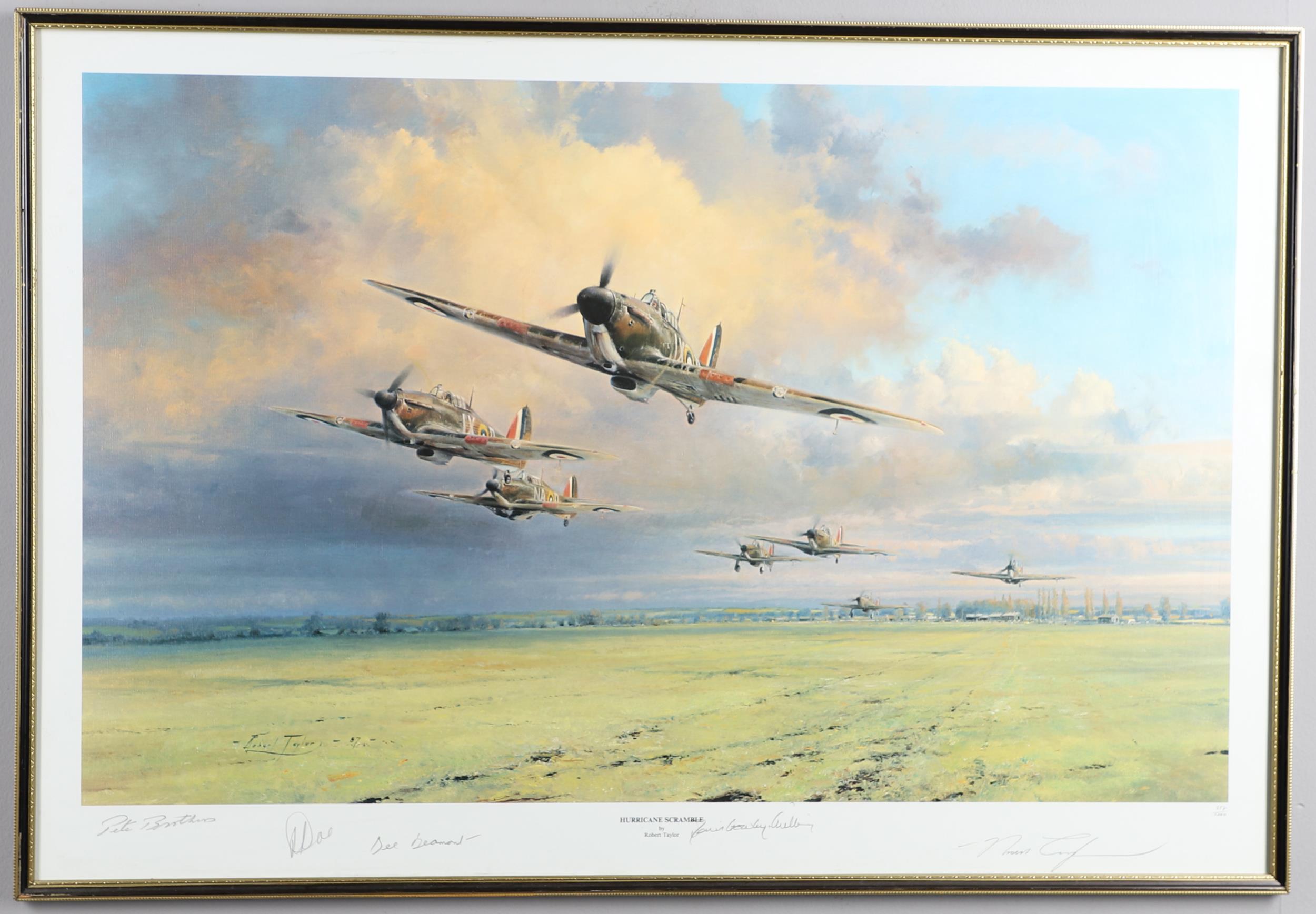 HURRICANE SCRAMBLE BY ROBERT TAYLOR, A COLOUR PRINT WITH PILOT'S SIGNATURES IN THE MARGIN.