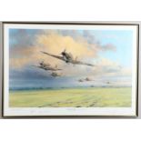 HURRICANE SCRAMBLE BY ROBERT TAYLOR, A COLOUR PRINT WITH PILOT'S SIGNATURES IN THE MARGIN.