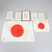 TWO SECOND WORLD WAR JAPANESE FLAGS PRESENTED TO LT SUTCLIFFE R.A. AND ASSOCIATED PENCIL SKETCHES.