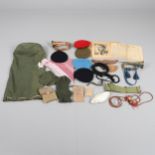 A COLLECTION OF MILITARIA TO INCLUDE BERETS, BUGLES AND OTHER ITEMS.