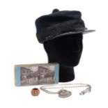 A MILITARY STYLE FORAGE CAP, WHISTLE AND OTHER ITEMS.