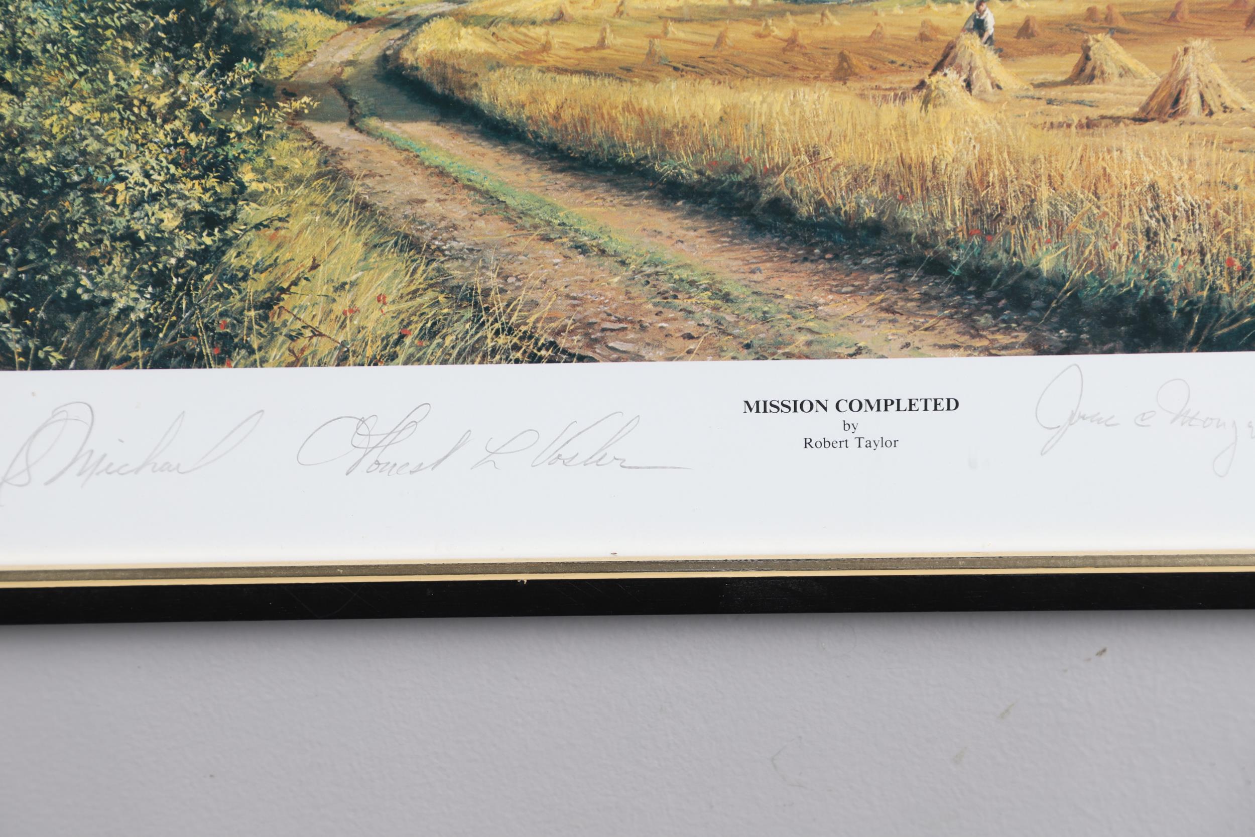 MISSION COMPLETED BY ROBERT TAYLOR, COLOUR PRINT SIGNED BY THE ARTIST AND FIVE PILOTS. - Image 4 of 7