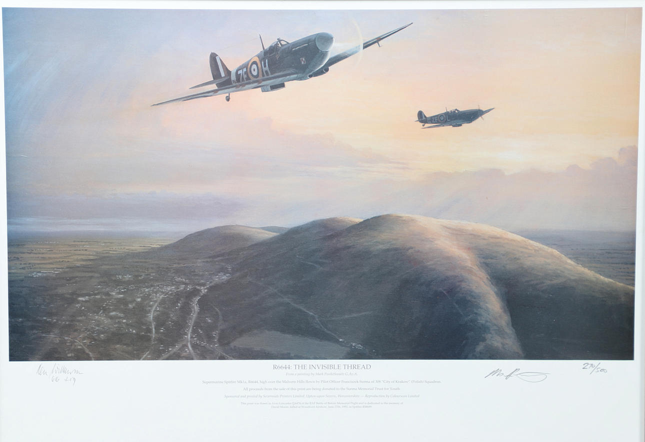 A LARGE COLOUR PRINT OF A SPITFIRE BY BARRIE CLARK, AND A SIMILAR LIMITED EDITION PRINT. - Image 3 of 6