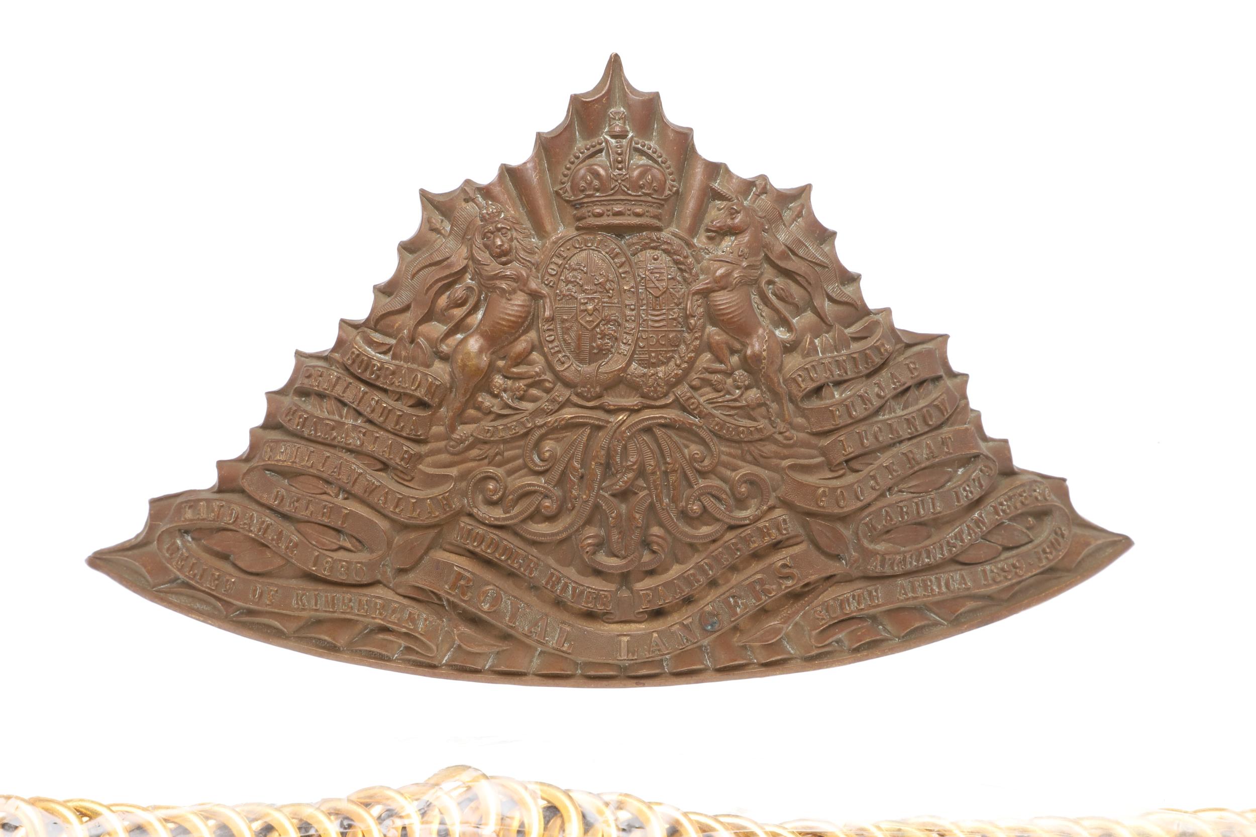 A POST 1902 ROYAL LANCERS HELMET PLATE AND CHIN STRAP. - Image 2 of 9