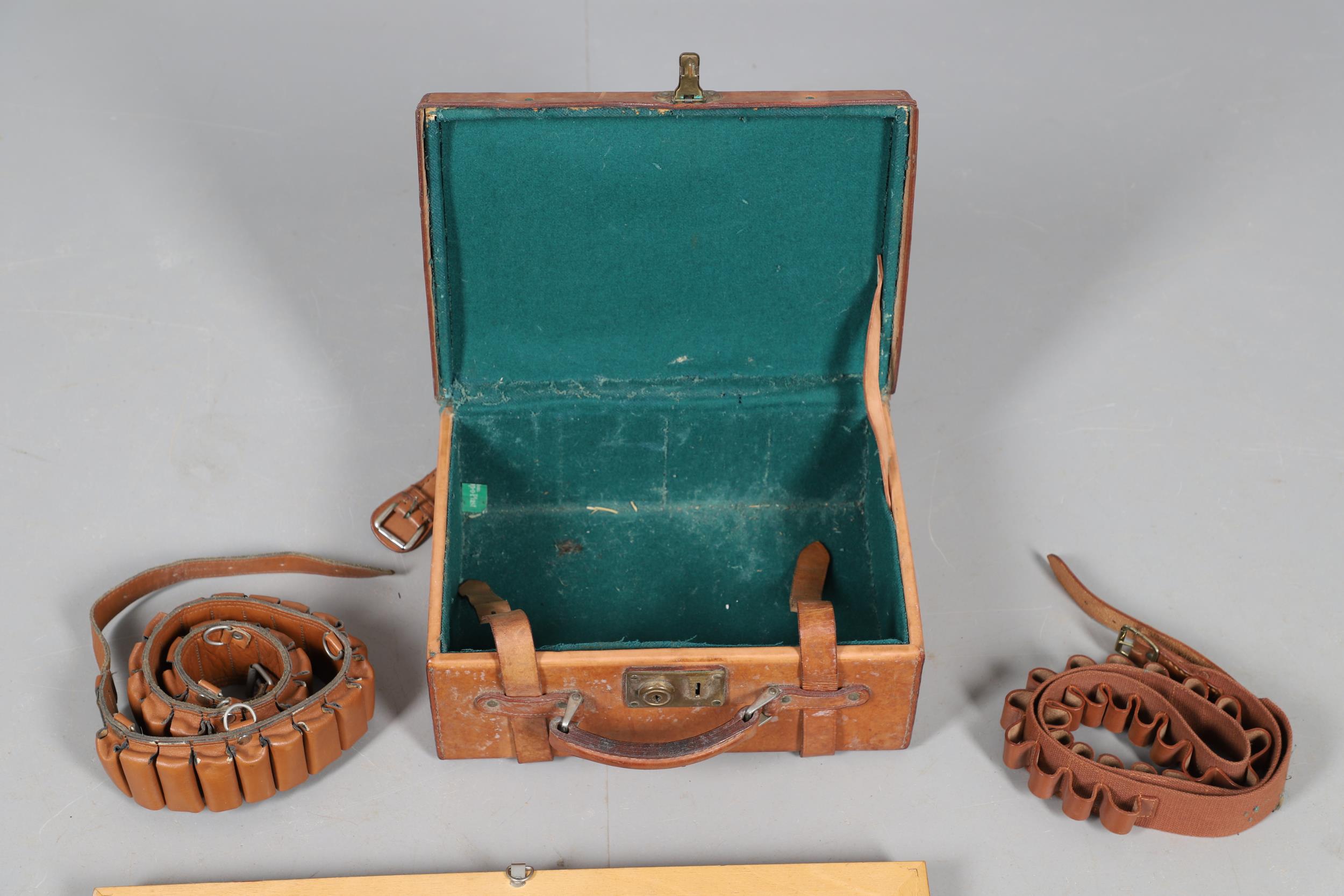 A LEATHER SHOT GUN CASE, TWO BELTS AND A DISPLAY OF CARTRIDGES. - Bild 8 aus 11