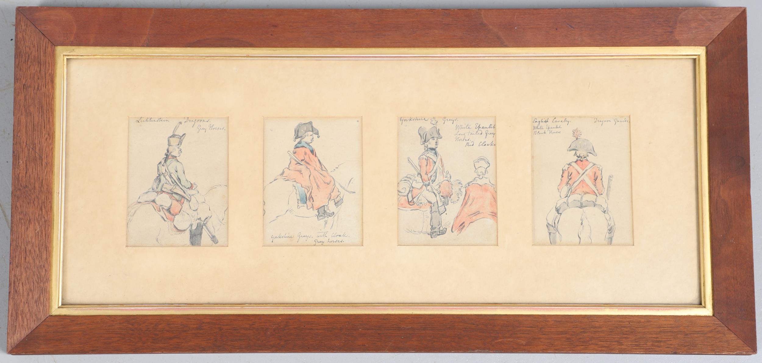 A SET OF FOUR WATERCOLOUR SKETCHES OF MOUNTED CAVALRY IN UNIFORM. - Image 2 of 8