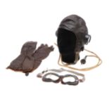 AN AIR MINISTRY TYPE C FLYING HELMET, GOGGLES AND GLOVES.