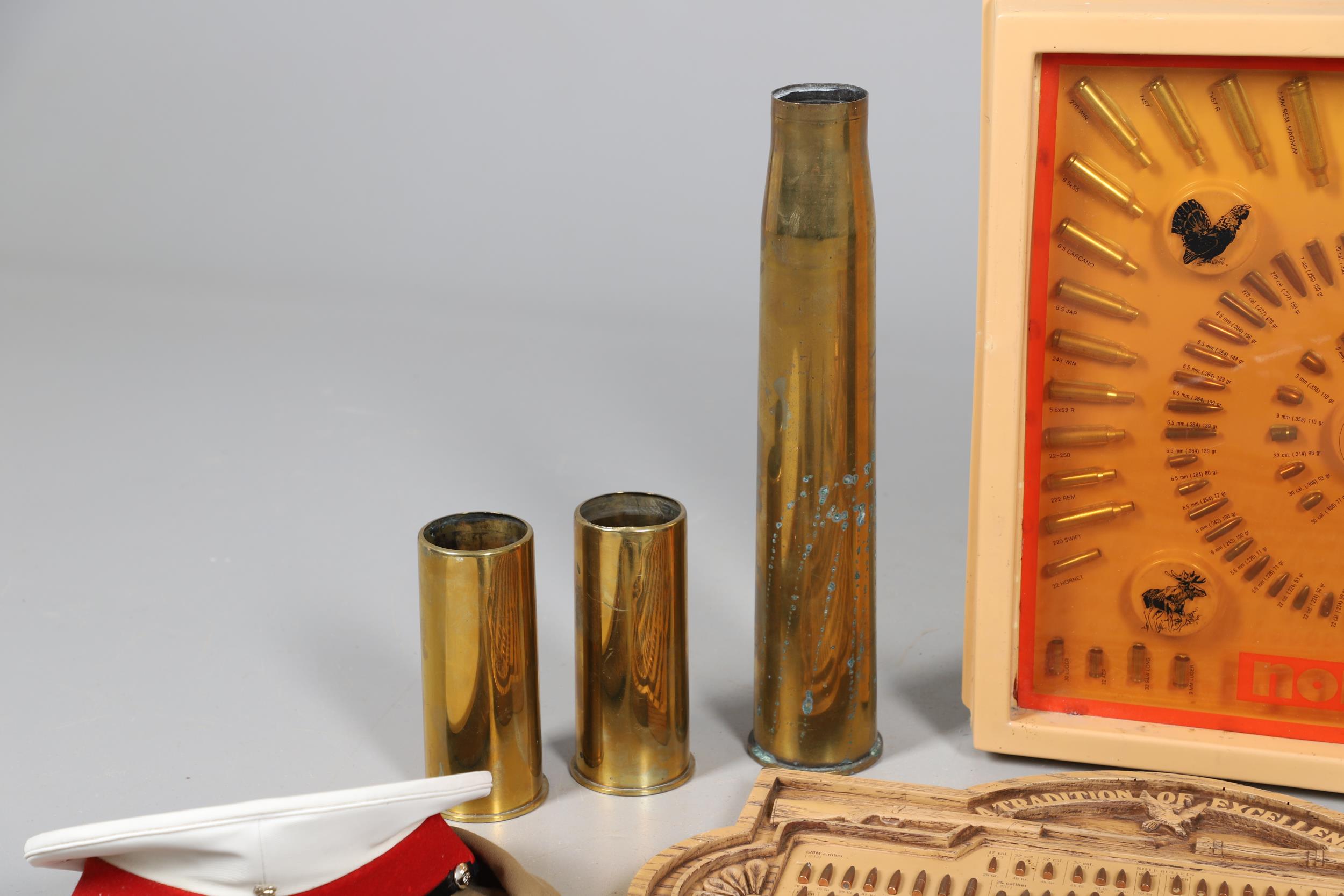 THREE BRASS SHELL CASES AND OTHER ITEMS OF SHOOTING/MILITARY INTEREST. - Image 3 of 15