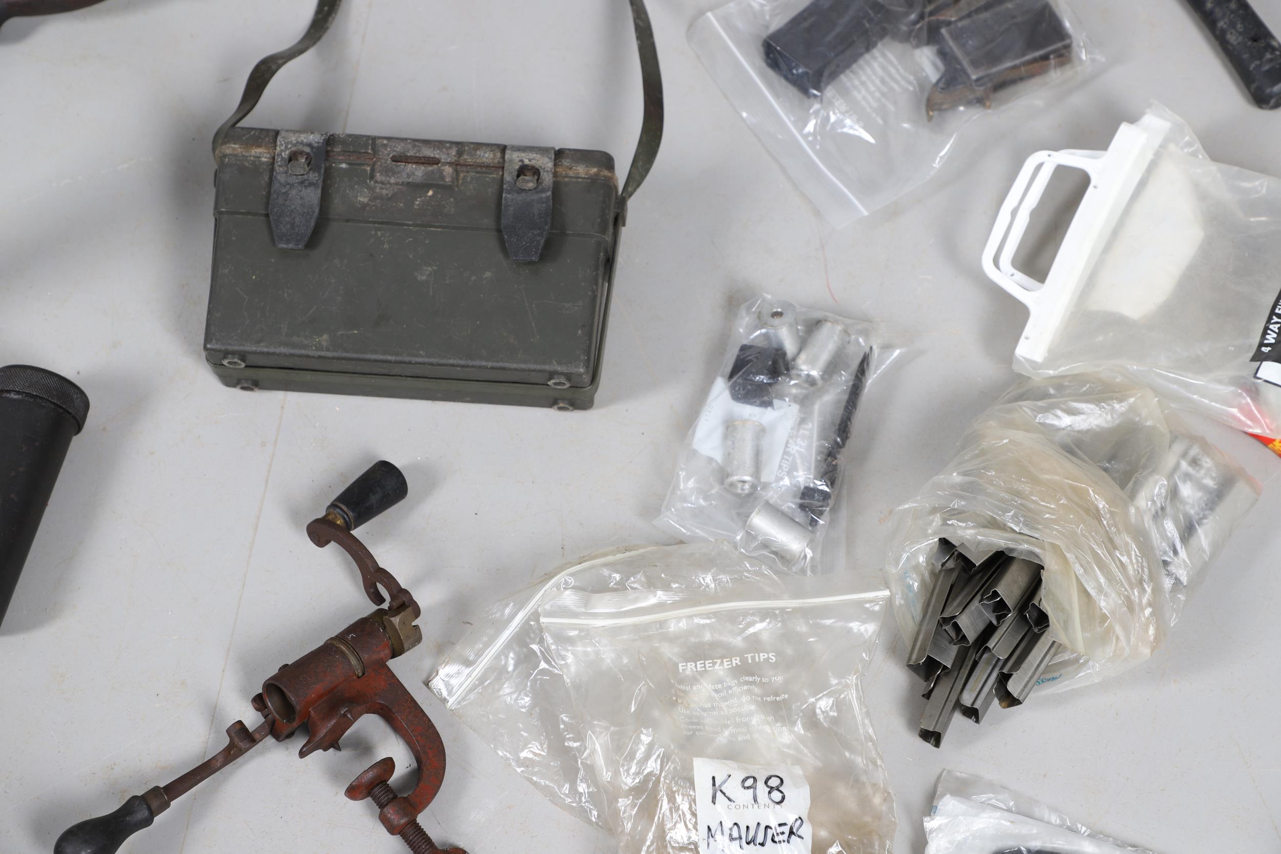 TWO MACHINE GUN BELT LOADING TOOLS AND A COLLECTION OF OTHER ITEMS. - Image 14 of 19