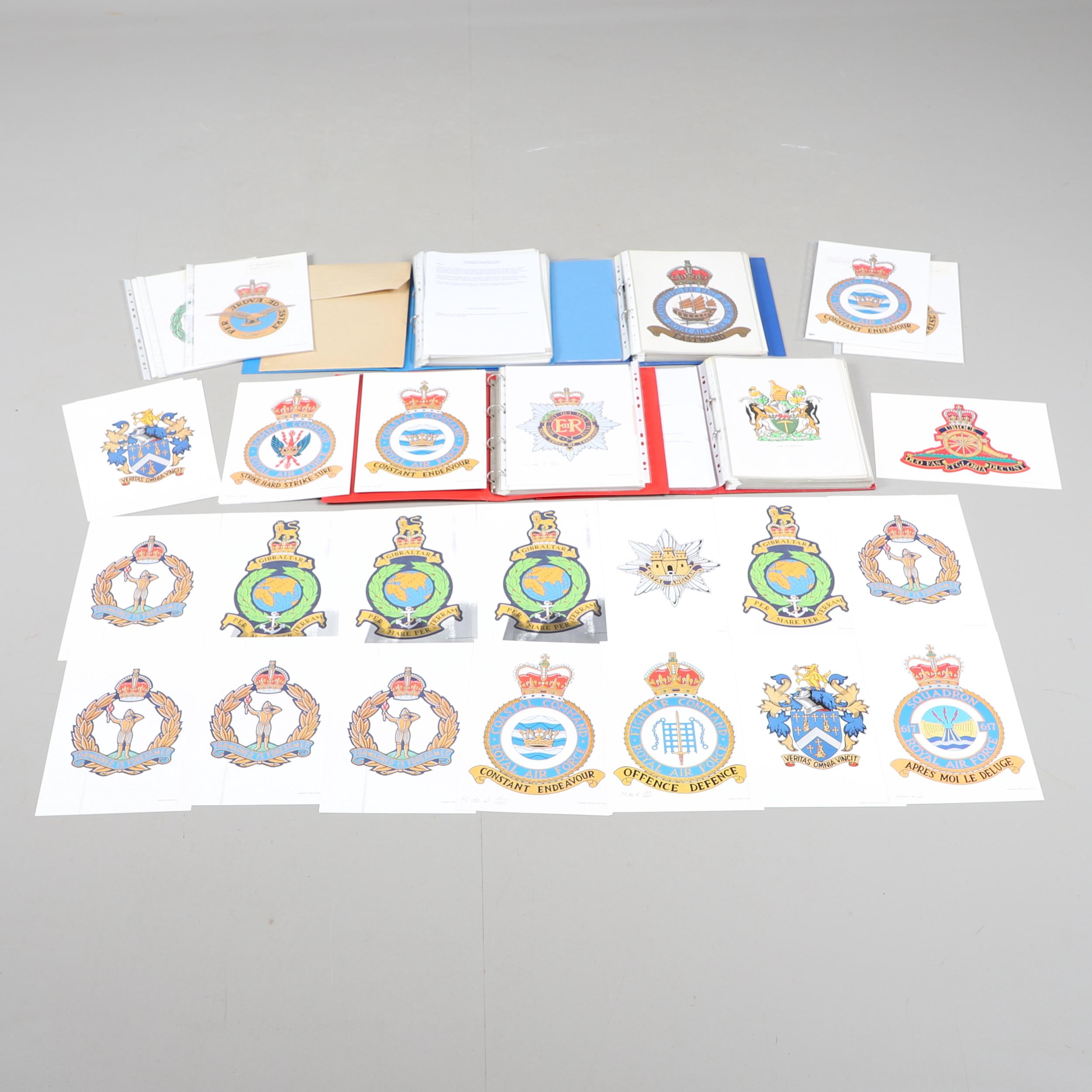 A LARGE COLELCTION OF ARTWORK OF MILITARY CRESTS. IN FOUR ALBUMS AND MANY LOOSE.