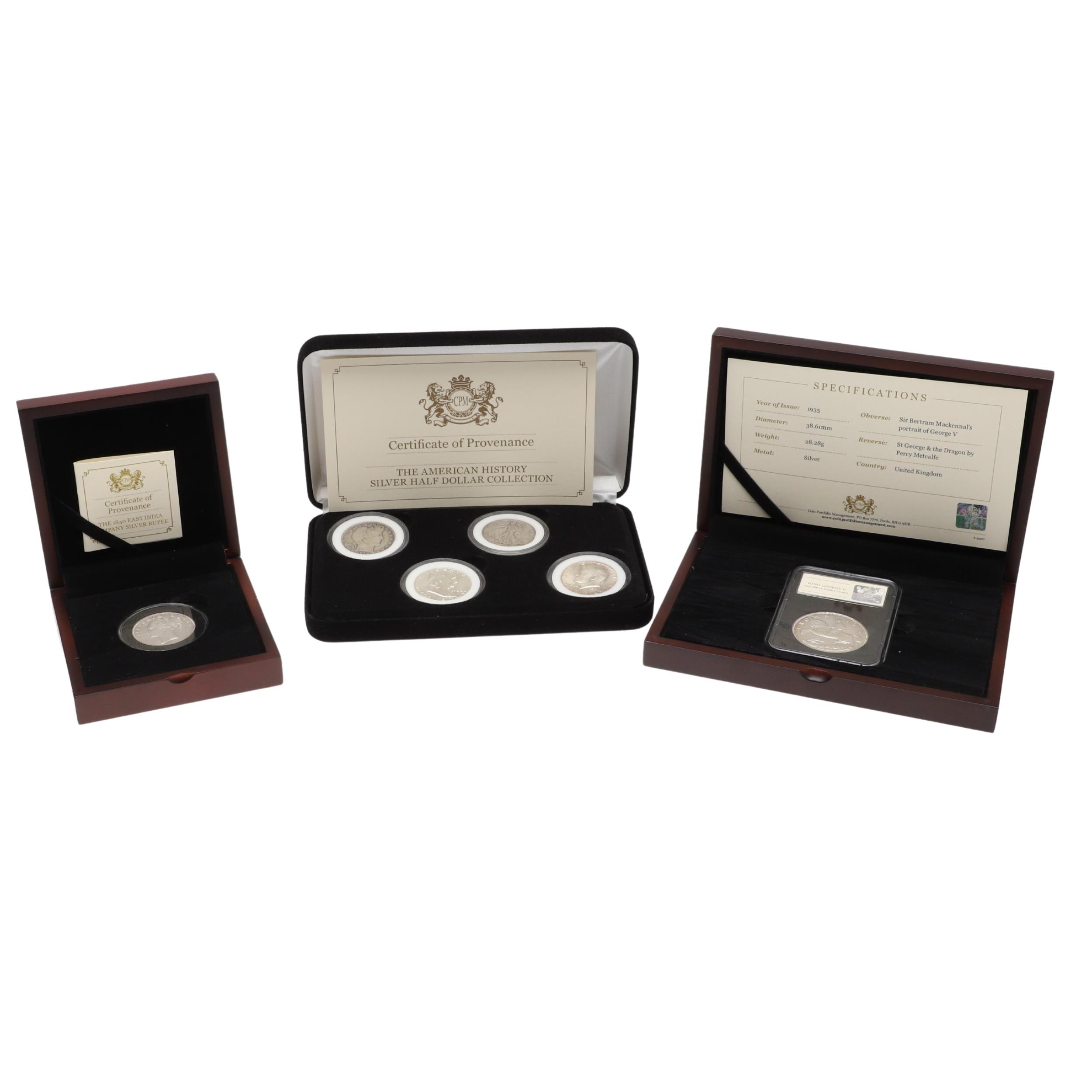 A COLLECTION OF AMERICAN AND OTHER HISTORIC SILVER ISSUES IN PRESENTATION CASES.