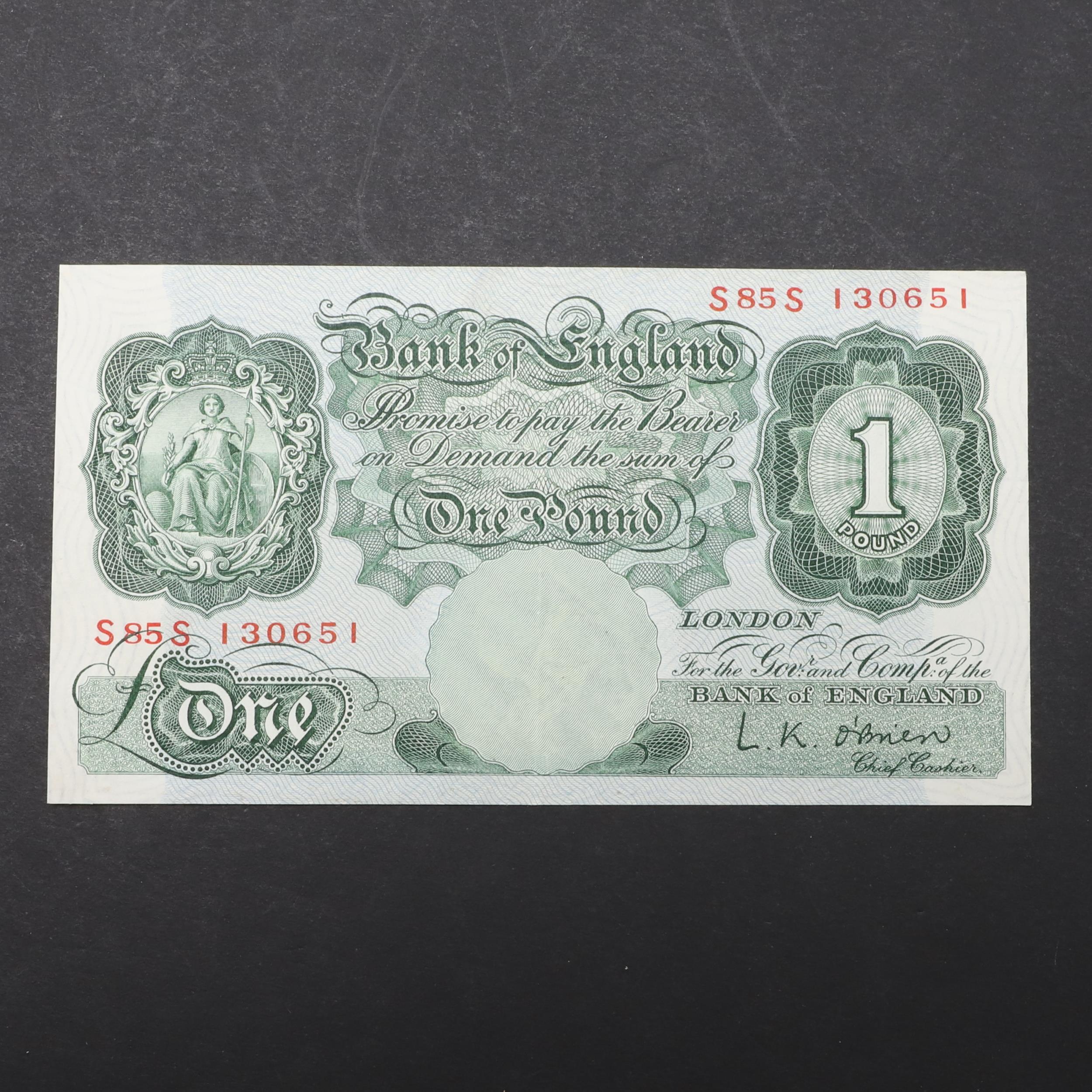 A BANK OF ENGLAND SEIRES 'A' BRITANNIA ISSUE ONE POUND NOTE.