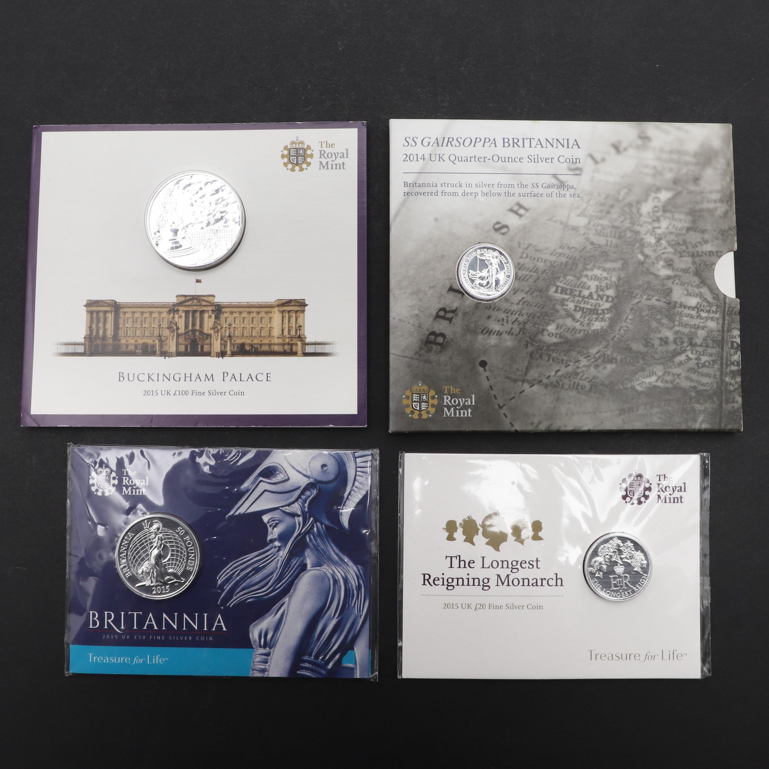 A COLLECTION OF ROYAL MINT RECENT HIGH VALUE SILVER ISSUES TO INCLUDE A 2015 £100 COIN.