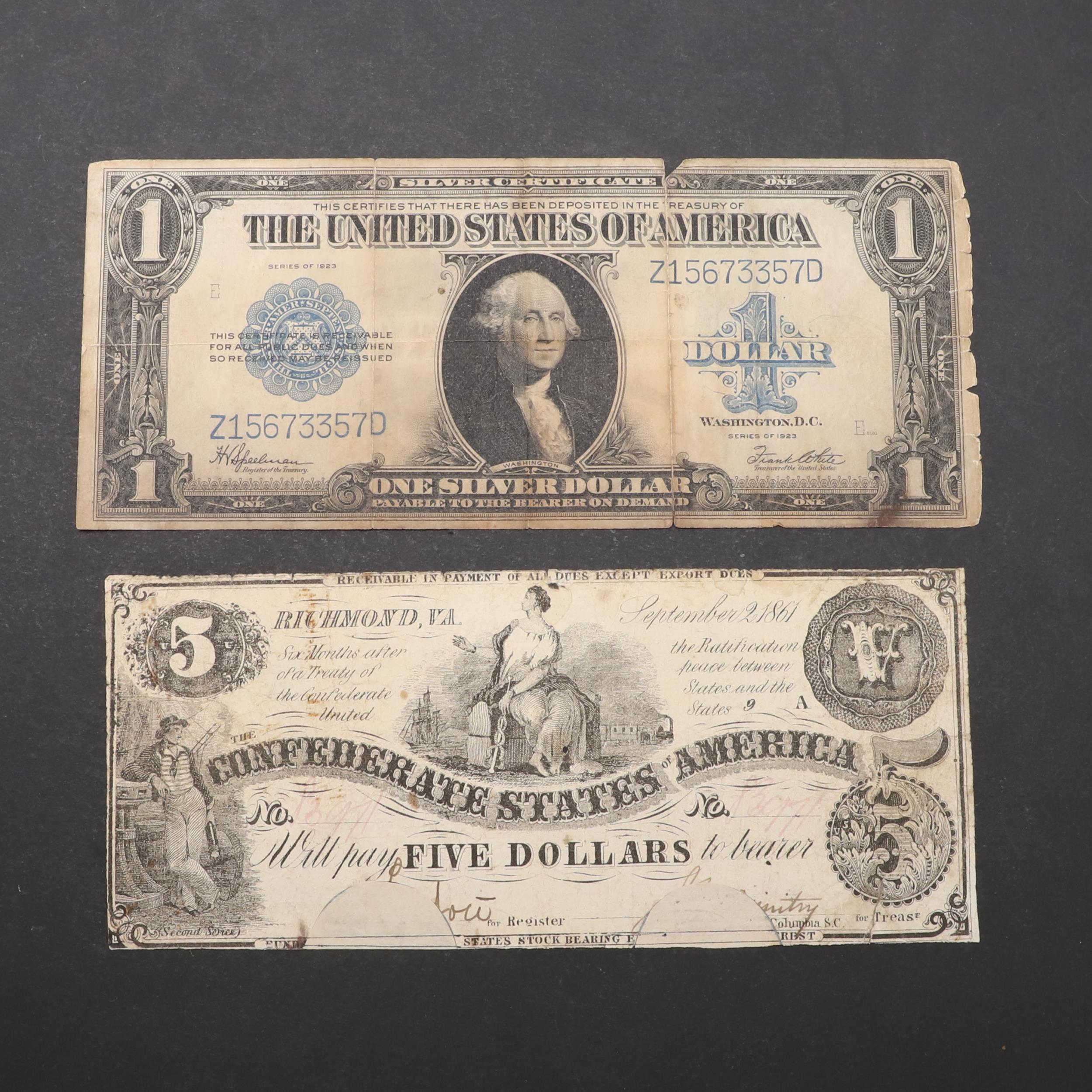 A CONFEDERATE STATES RICHMOND FIVE DOLLAR NOTE AND A ONE DOLLAR NOTE.